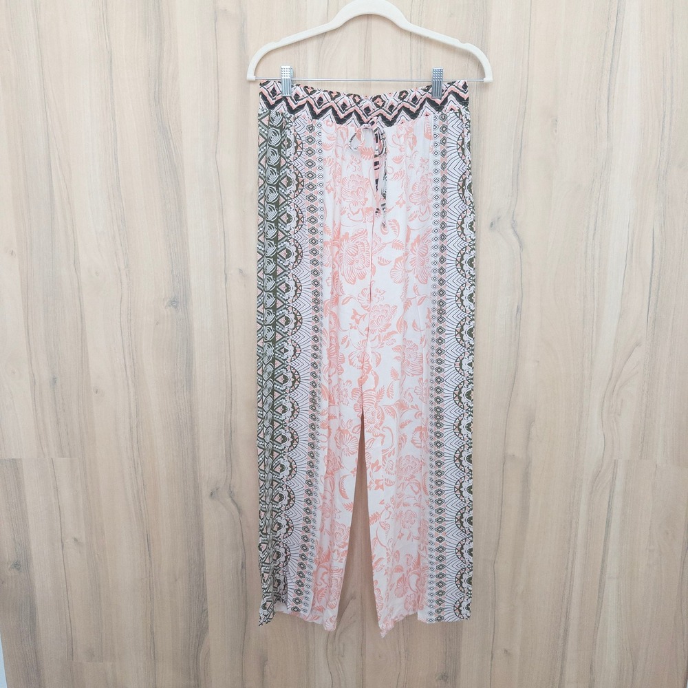 Womens Floral Wide Leg Pants M Pink Green Geometric Boho Hippie Beach Coastal